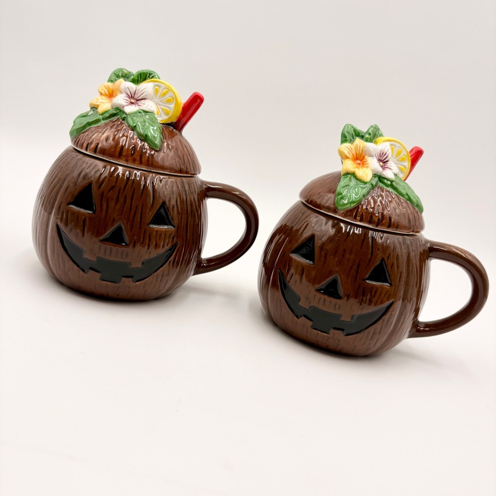 Set of 2 Coconut Jack-O-Lantern Tiki Mugs Tropical Floral Lid Ceramic Summerween